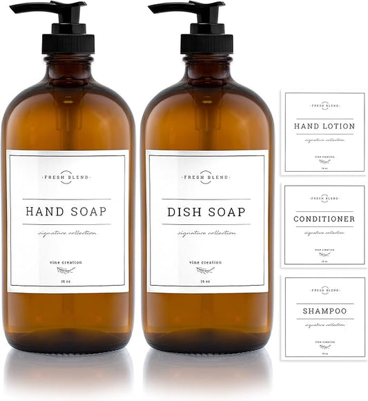 Vine Creations Amber Glass Soap Dispenser, 2 Pack Kitchen Soap Dispenser Set with Rustproof Pump, 16 oz Dish Soap and Hand Soap Dispensers for Bathroom with Waterproof Labels