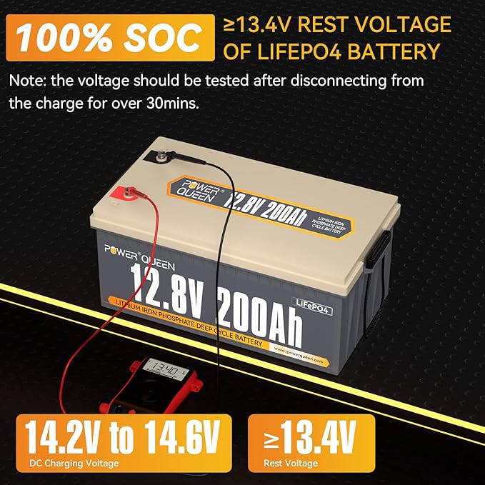 Power Queen 12.8V 200Ah LiFePO4 Battery with 14.6V 20A; Built-in 100A BMS, Fully Charged Capacity, 2560Wh Energy, Perfect for RV, Camping, Solar System, Power Outage