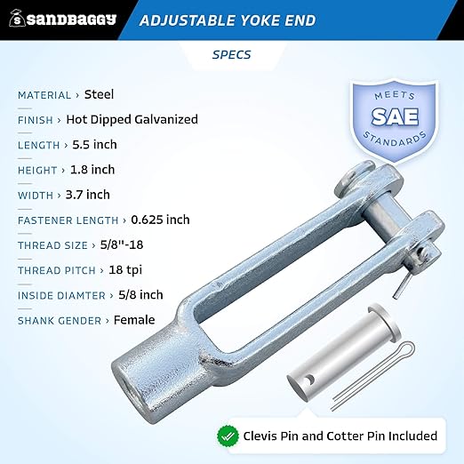 Sandbaggy 5/8"-18 Adjustable Yoke End - Galvanized Threaded Clevis [Pins Included] (10, 5/8"-18)