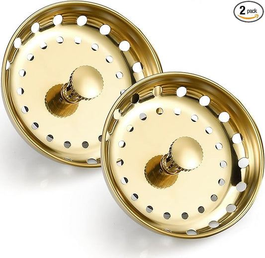 Retisee 2 Pcs Kitchen Sink Stopper Strainer Stainless Steel Drain Strainers for Universal 3-1/2 Inch Kitchen Sink Drain Replacement(Gold)