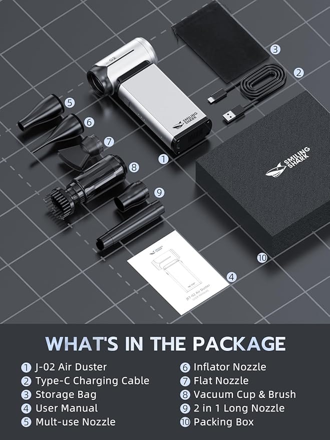 Smiling Shark Compressed Air Duster, J02 Super Power 150000RPM Aluminum Electric Air Duster with Mini Vacuum Cleaner, 2 Modes (Normal&Storm) Adjustable Dust Blower for PC/Outdoor/House/Car