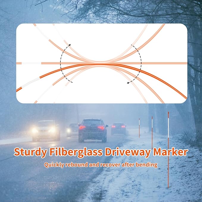 Growsun Driveway Marker 5ft Orange Fiberglass 5/16 inch Dia Snow Fence Reflective Plow Stakes for Yard Walkways Parking Lots Safety Rods Edge, 50 Pack