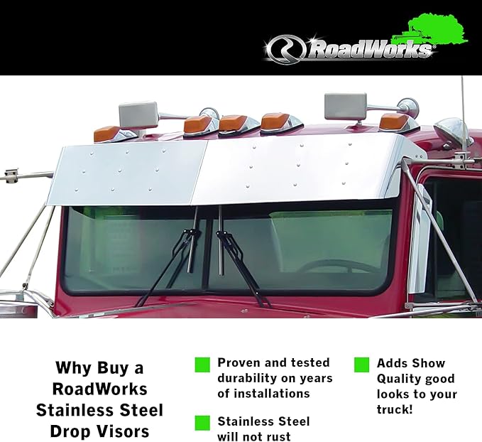 RoadWorks | Stainless Steel 12" Drop Visor for 1985-1998 Kenworth with Flat Windshield | 45010