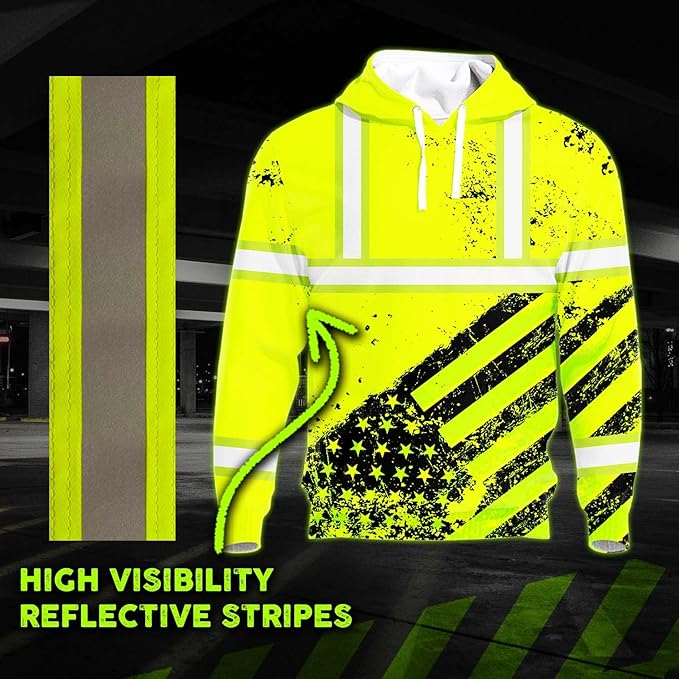 Color US Flag High Visibility Hoodie for Men Women Reflective Tapes Safety Workwear for Worker Runner Patriotic