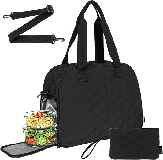 2 Pcs Quilted Puffer Lunch Tote for Women with Wallet, Water-Resistant 15.3’’ Laptop Tablet Work Bag with Insulated Lunch Compartment, 3 in 1 Lightweight Duffle Bag for Travel