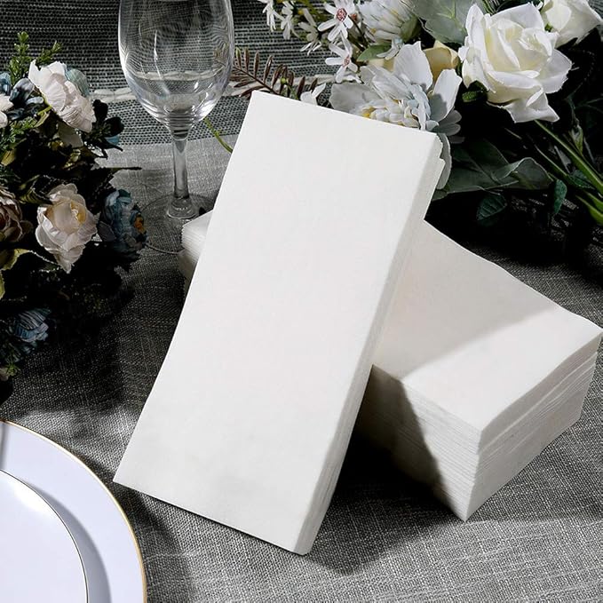 FOCUSLINE 200 Disposable Bathroom Napkins, Linen-Feel Paper Guest Towels, Soft and Absorbent Paper Hand Towels Party Napkins for Bathroom, Kitchen, Dinner, or Event, White, 12" x 17"