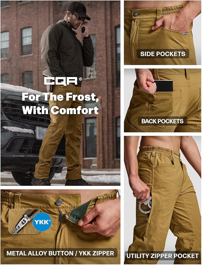 CQR Men's Winter Fleece Lined Pants, Water-Resistant Outdoor Stretch Work Pants, Windproof Casual Pants with Pockets