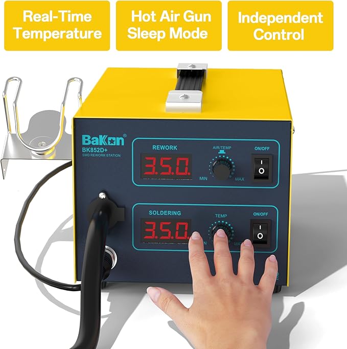 852d+ Heat Gun And Soldering Iron 2-In-1 Kit, Smd Hot Air Rework Soldering Station, Multiple Functions Electronics Kit, Led Digital Display, Knob Type Adjustable Temperature