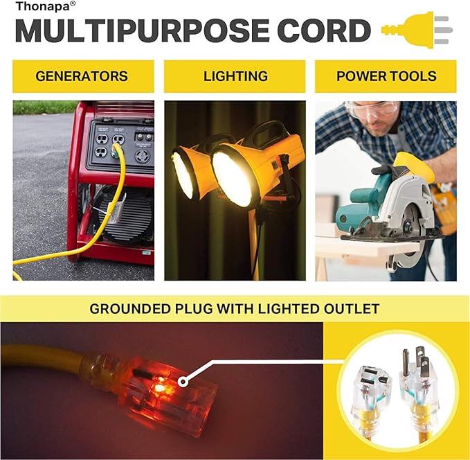 10 Foot Lighted Outdoor Extension Cord - 12/3 SJTW Heavy Duty Yellow Extension Cable with 3 Prong Grounded Plug for Safety - Great for Garden and Major Appliances