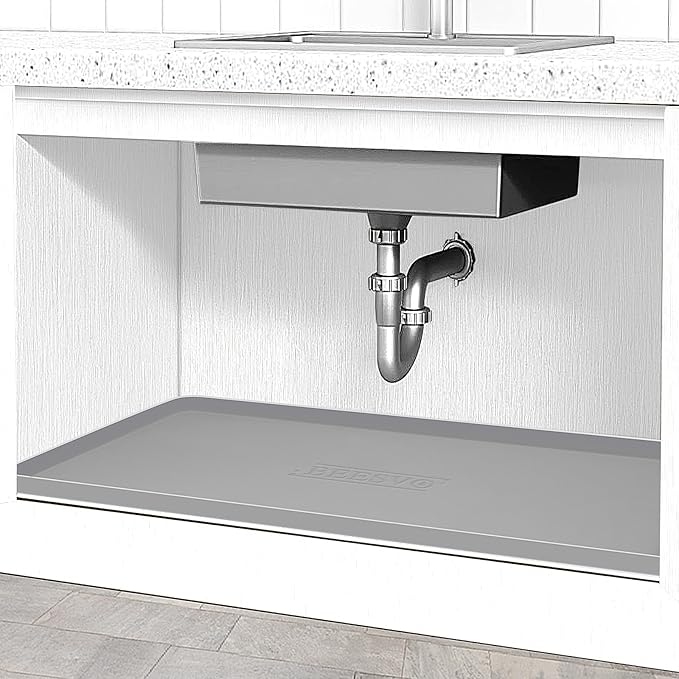 Under Sink Mat for Kitchen Waterproof, 22" x 19" Silicone Under Sink Liner Kitchen & Bathroom Cabinet Protector Mats, Heavy Duty Flexible Under Sink Drip Tray with Lip, Cool Grey