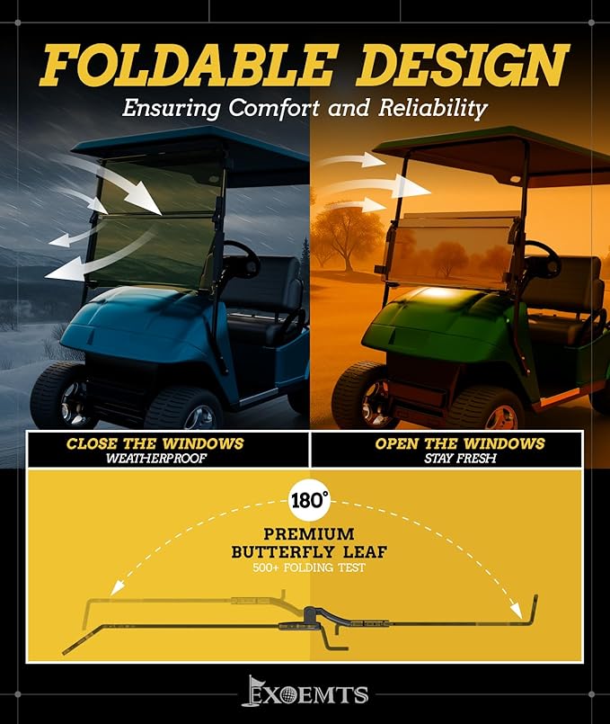 Golf Cart Windshield for EZGO TXT 1995-2013 Gas & Electric, 40.7" W X 28.3" H, 3/16" Thick PC, Foldable Front Windshield with Heavy Duty Hinge, Anti-UV, Impact Resistant, Scratch Resistant