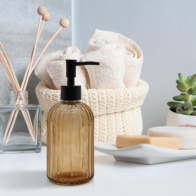 14oz Amber Glass Soap Dispenser with Black Pump – Refillable for Hand Soap, Dish Soap, Lotion, Suited for Kitchen, Bathroom & Laundry Room (Brown)