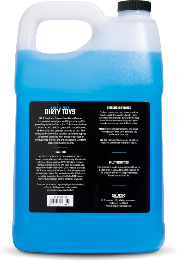 Slick Products Streak-Free Glass Cleaner – Ammonia-Free Window, Mirror, Chrome & Tint Cleaner – Removes Dirt, Smudges & Fingerprints – Ready-to-Use – 128 oz.