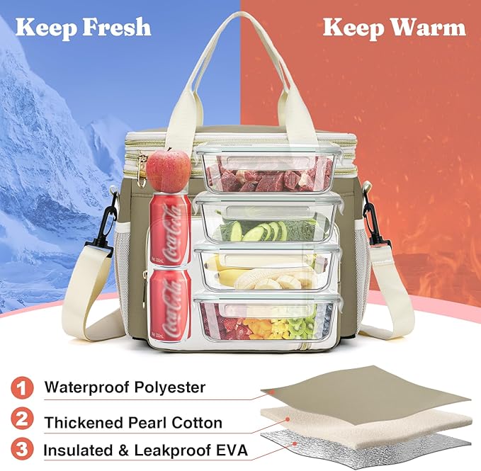 LOKASS Expandable Lunch Box for Women | Adult Lunchbag Cooler Tote Bag with Adjustable Shoulder Strap | Insulated Reusable Womens Lunch Bags for Work Camping Beach | 16L, Beige
