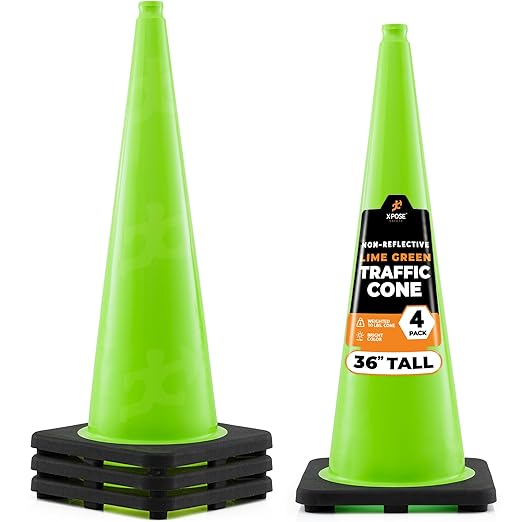 Xpose Safety 36” Lime Green Traffic Cone - 4 Pack - Premium PVC Safety Cone for Parking, Caution, Construction, Road Crews, Emergency Vehicle - DOT Approved