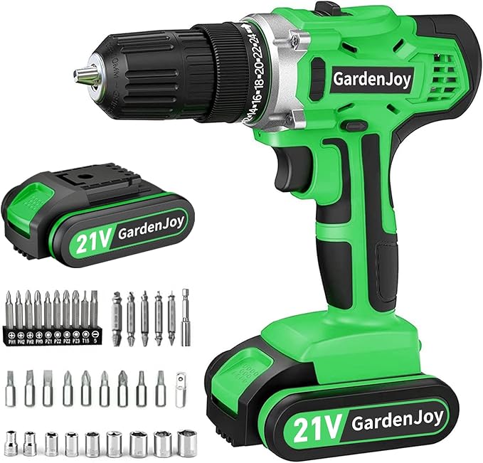 GardenJoy 20v Cordless Drill Set, Power Electric Kit Battery With Charger 30Nm 2-Speed 3/8" Keyless Chuck 24+1 Torque Drill Driver screwdriver Bits with LED Electric Work Light for MEN DIY