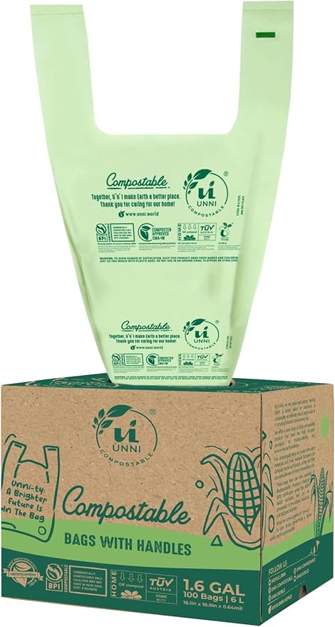 UNNI Compostable T-Shirt Bags with Tie Handles, 1.6 Gallon / 6 Liter, 100 Count, 0.64 mil Small Kitchen Caddy Liners, Certified by BPI, CMA & OK compost HOME, Meets ASTM D6400