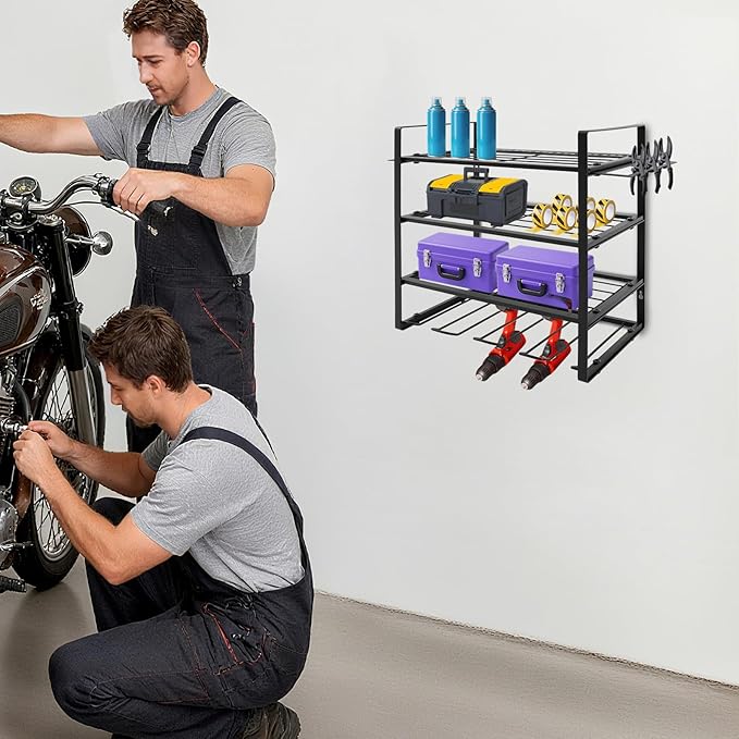 4-Tier Heavy Duty Tool Organizer Rack, Wall Mounted Tool Holder with Hooks, 132 lbs Capacity Carbon Steel Garage Storage Rack for Garages, Workshops, Repair Shops, Black