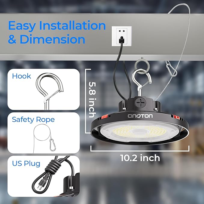 CINOTON UFO LED High Bay Light, 160W/120W/80W Switchable, AC100-277V LED Shop Lights with US Plug, 24000LM Dimmable 0-10V Commercial Bay Lighting for Garage Workshop 5000K Daylight-UL Listed, 4 Pack