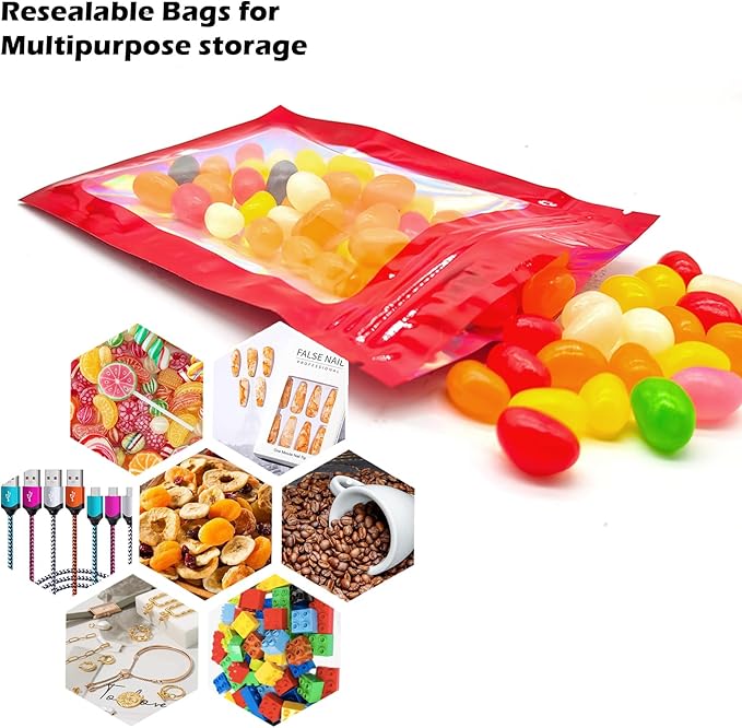 300 Pcs Holographic Mylar Bags, 3 Size Smell Proof Bags with Clear Window Foil Pouch Bags Resealable Bags for Small Business and Food Storage, Red