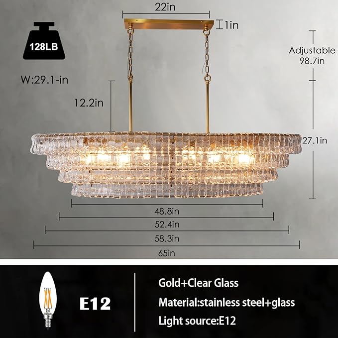 65 Inch Large Rectangular Gold Chandelier for Dining Room, Clear Glass Drum Modern Pendant Light Fixture, Extra Long Kitchen Island Lighting