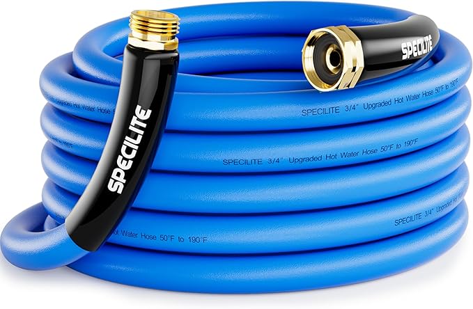 SPECILITE Hot/Cold Garden Water Hose 25 ftx 3/4 in, -50℉ To 190℉, Heavy Duty, Flexible, Burst 605 Psi, Lightweigh, Upgraded Rubber Pipe with 3/4" Brass Fittings For Backyard, Outdoor, Farm, Blue