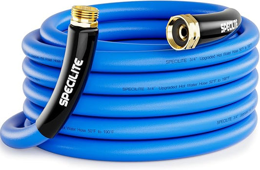 SPECILITE Hot/Cold Garden Water Hose 25 ftx 3/4 in, -50℉ To 190℉, Heavy Duty, Flexible, Burst 605 Psi, Lightweigh, Upgraded Rubber Pipe with 3/4" Brass Fittings For Backyard, Outdoor, Farm, Blue