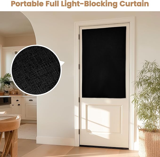 100% Blackout French Door Curtain,Adhesive, No Drilling Required,Small Curtains Designed for Installation On Doors (Black - W25 × L40 in)