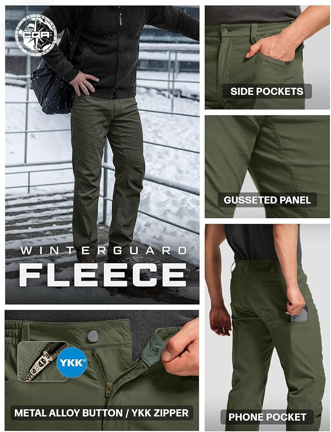 CQR Men's Winter Fleece Lined Pants, Water-Resistant Outdoor Stretch Work Pants, Windproof Casual Pants with Pockets