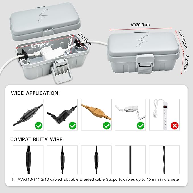 Hrensaw 3PCS Small Weatherproof Electrical Connection Box(Inner 5.5x3x2.2inch),Outdoor Electrical Box,Waterproof Extension Cord Covers for Plug, Extension Cables, Holiday Lights,Grey