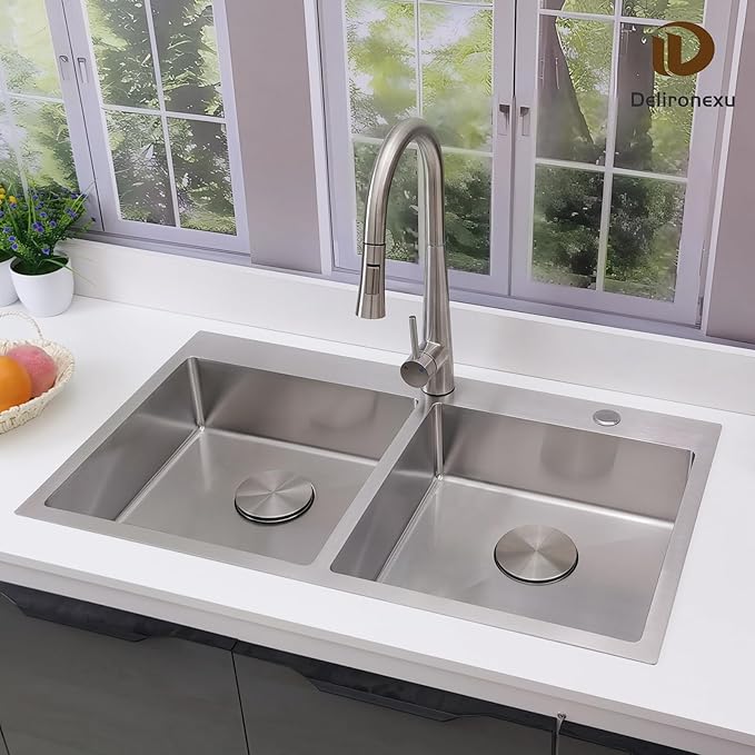 33 Inch Double Bowl Kitchen Sinks Drop In – Delironexu 16 Gauge Stainless Steel Kitchen Sink Double Bowl, 33x19 Drop In Double kitchen sink with Brushed Finish, 6 Inch Deep 50/50 Overmount Sink