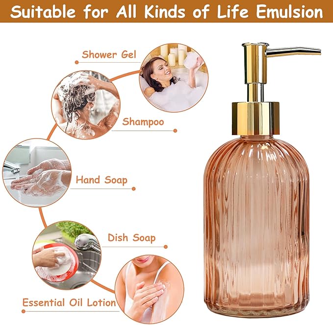Glass Soap Dispenser with Gold Plastic Pump, 13.5oz Refillable Liquid Hand Soap Dispenser, Crystal Lotion Bottle for Modern Home Decor, Bathroom, Kitchen Countertop, Hotel(Orange)
