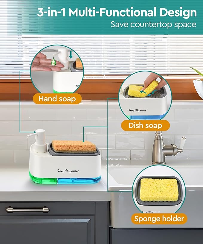 Kitchen Dish Soap Dispenser Set，Dish and Hand Soap Dispenser with Sponge Holder, 3-in-1 Countertop Sponge Dual Soap Pump Dispenser for Kitchen Sink - White