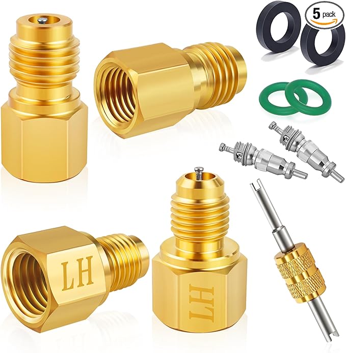 Boltigen R1234YF Refrigerant Tank Adapters, R12 to R1234YF Adapter Connector, 1/2 LH to 1/4 Flare R1234YF Vacuum Pump Adapter Fittings with Valve Core Remover