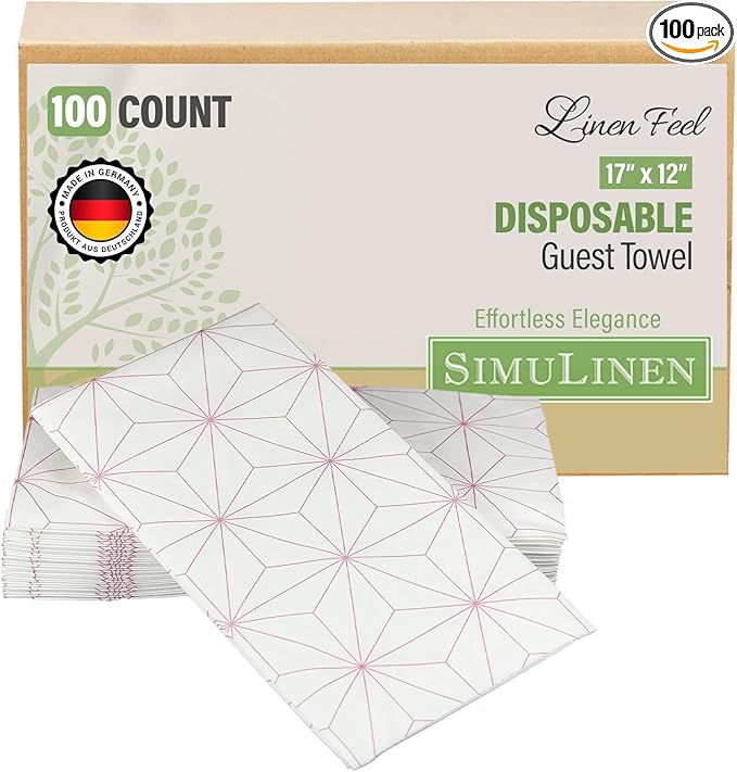 SimuLinen Rose Gold Geometric Disposable Paper Towels for Bathroom - Cloth-Like, Soft, Single-Use, Linen Feel, 12x17", 100ct (Made in Germany)