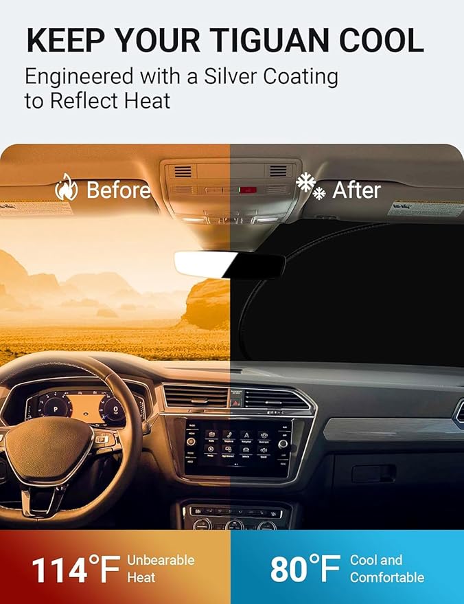 Proadsy 2025 Upgrade Windshield Sun Shade 4-Layer Custom Fit for 2018-2024 Volkswagen VW Tiguan Crossover, SUV Foldable Front Sunshade Protector Sun Visor Blocks UV Rays Keep Car Cooler