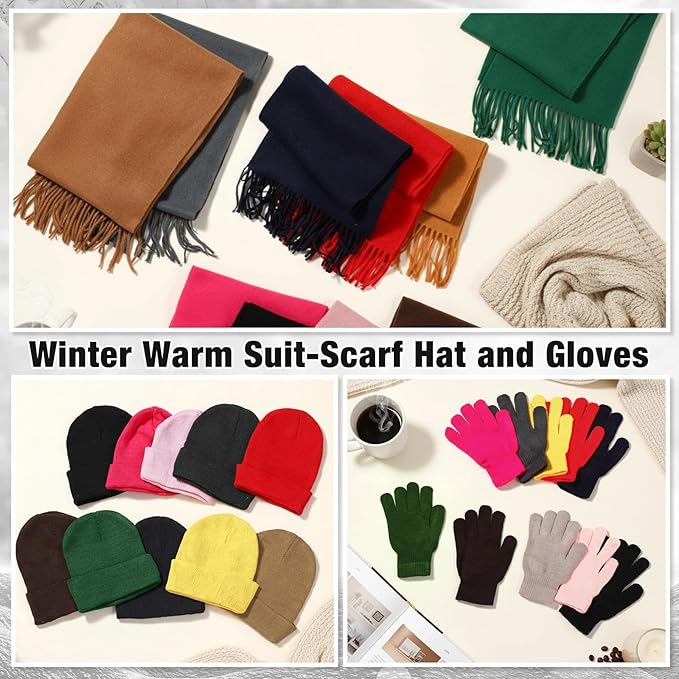 Unittype 300 Pcs Winter Beanies Gloves Scarf Set Bulk 100 Knit Skull Cap 100 Pair Winter Gloves 100 Neck Warmer for Men Women