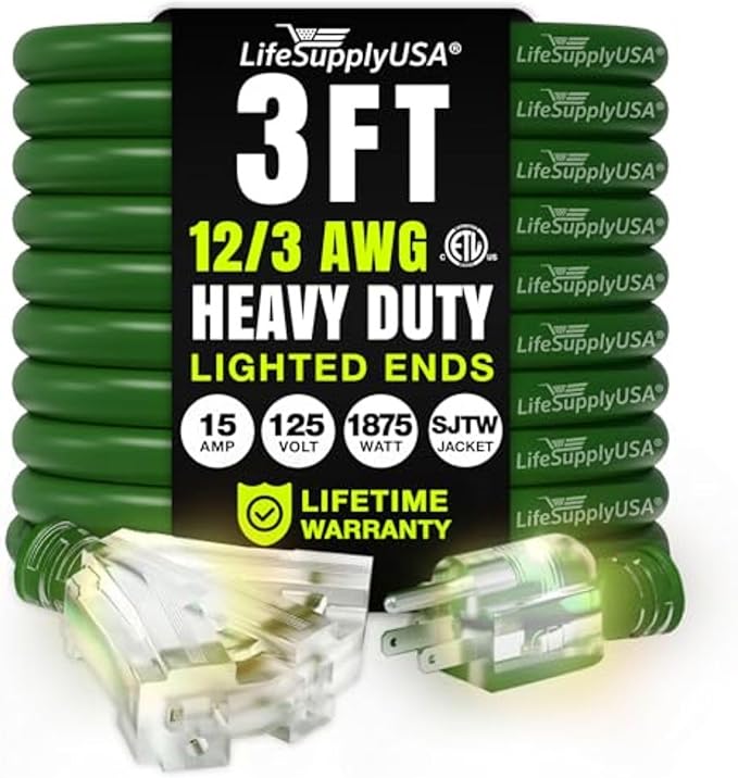 3ft Outdoor/Indoor Extension Cord 3-Outlet 12/3 Gauge Extra Heavy Duty ETL Listed, 3 Prong SJTW, Waterproof, Flexible Cold-Resistant Long Power Cord,15A 125V 1875W, Green by LifeSupplyUSA