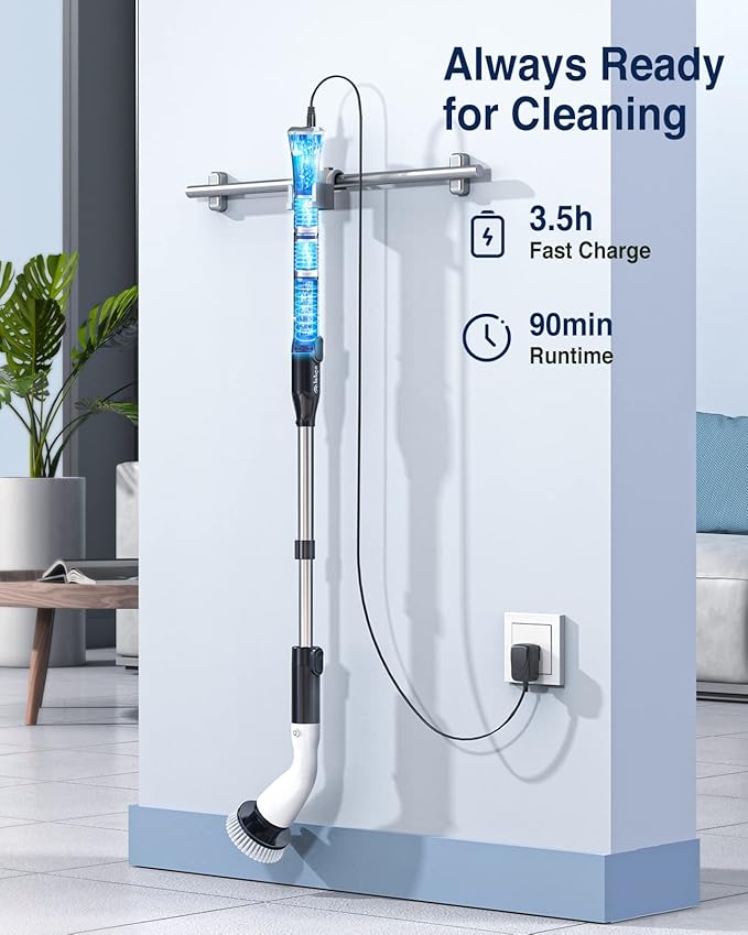 LABIGO Electric Spin Scrubber LA1 Pro, Cordless Spin Scrubber with 4 Replaceable Brush Heads and Adjustable Size Extension Handle Power Full Cleaning Brush for Bathroom Floor, Light Black
