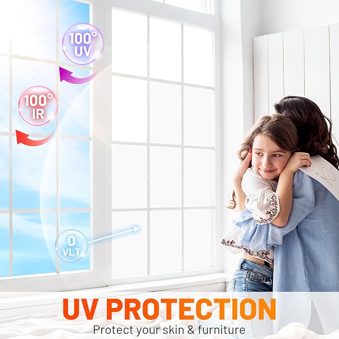 Privacy Window Film Total Blackout Cover, 100% Light Blocking Window Tint Static Cling Sun Blocking Heat Control, Anti UV Scratch Resistant for Home Office (Whiteout, 17.5in x 6.5ft)