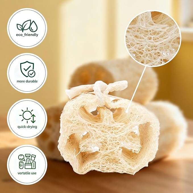 Natural Loofah Sponge for Shower & Dish Cleaning - 100% Plant-Based, Biodegradable Exfoliating Body & Kitchen Scrubber for Women/Men, 3-Pack, Travel-Friendly