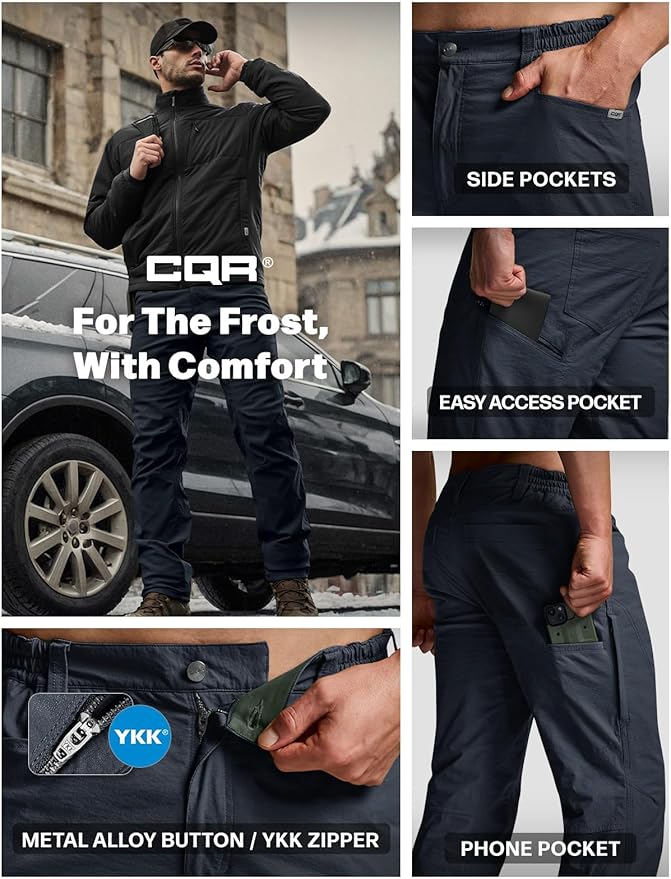 CQR Men's Winter Fleece Lined Pants, Water-Resistant Outdoor Stretch Work Pants, Windproof Casual Pants with Pockets