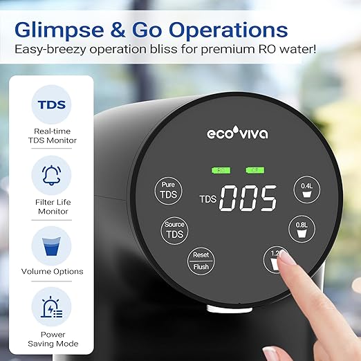 Ecoviva Countertop Reverse Osmosis System RO Water Filter, 5-Stage Filtration, Real-time TDS Monitor, BPA Free, 3:1 Pure to Drain, Indoor No Installation Desktop Portable Water Purifier-Black