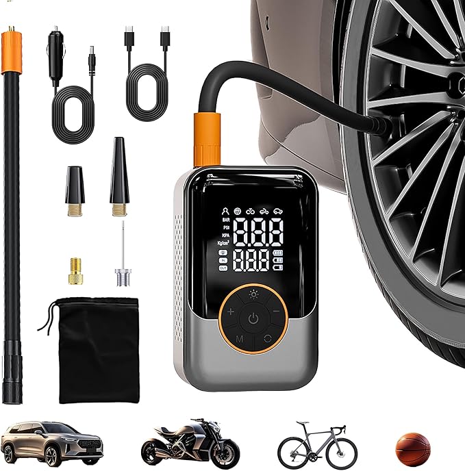Cordless Portable Tire Inflator, Fast with Digital Pressure Gauge, Emergency LED Light for Car/Motorcycle/Bike/Inflatables, 150PSI Rechargeable & 12V DC Dual Mode
