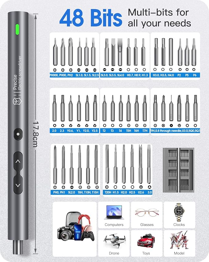 Kingsdun Mini Electric Screwdriver, 51 in 1 Cordless Precision Power Screwdriver Set with 48 Magnetic Bits, Rechargeable Repair Tool Kit with LED Lights for Phones Camera Watch Conputers Laptops Toys