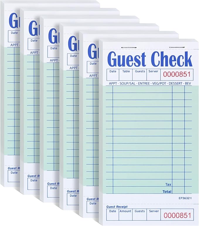 DGBDPACK 6 Guest Checks for Servers, Server Note Pads, Waiter Checkbook, Waitress Notepad for Restaurants, 50 Sheets/Pack, 300 Total Tickets,Thin Paper Checks
