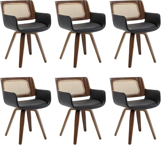 Set of 6 Mid Century Modern Dining Chairs - Rattan Dining Chairs with Curved Arms, Cane Back, Walnut Bentwood Frame, Faux Leather Seat, Versatile for Restaurant/Kitchen/Living Room (Walnut Black)