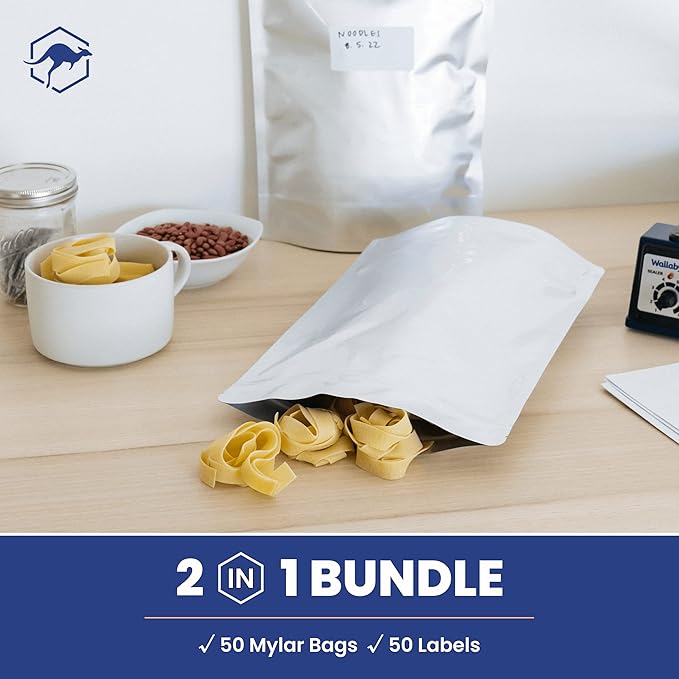 Wallaby 50 Count 2-Quart Gusset Mylar Bags with Labels, 14 Mil Total Thickness Long-Term Food Storage Pouches, 15x12 Stand-Up Zipper Heat-Sealable Airtight Packaging - Silver