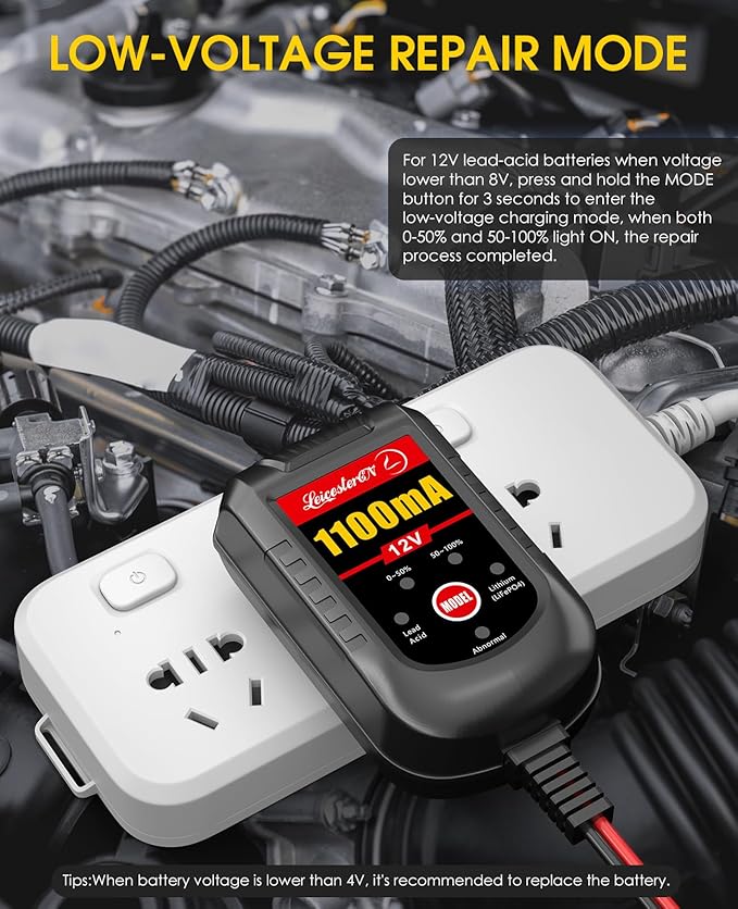 Trickle Battery Charger 12V 1100mA Smart Car Battery Charger Battery Maintainer Float Charger for Motorcycle Lawn Mower Tractor Automotive ATV Lead Acid and Lithium Batteries