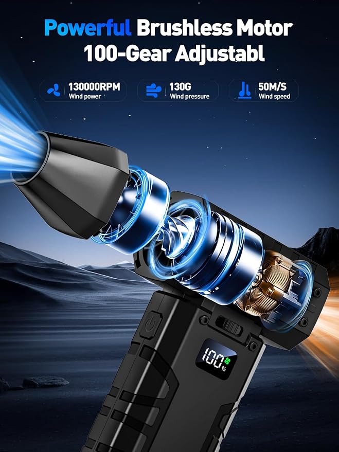 Compressed Air Duster 130000RPM Electric Duster with LED Light, 100 Gear Adjustable Rechargeable Cordless Air Blower Cleaning Tool for Keyboard,Electronic Devices,Car, Christmas Gifts for Men (Black)